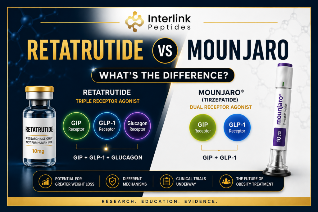 Retatrutide vs Mounjaro comparison showing GLP-1, GIP and glucagon receptor differences